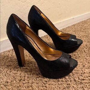 BCBGeneration Black Textured Peep-Toe Heels